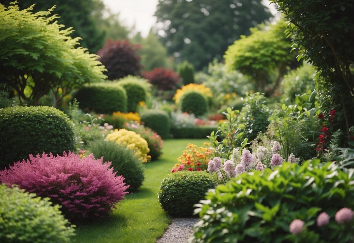 A lush garden with varied textures and colors, featuring a mix of flowers, shrubs, and trees arranged in a harmonious and balanced composition