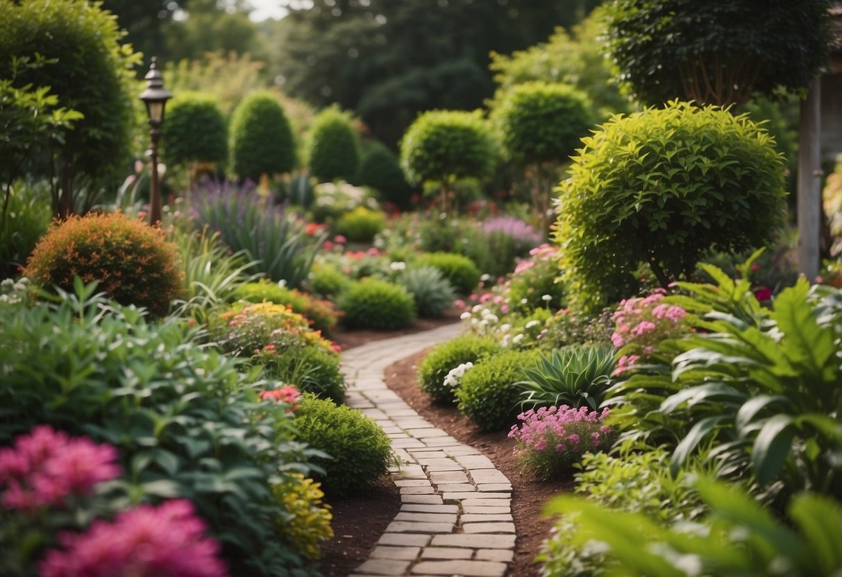 A variety of colorful and lush plants are arranged in a well-kept outdoor garden, with winding pathways and decorative features