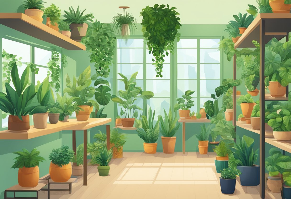 A room filled with various indoor plants in decorative pots, placed on shelves, tables, and hanging from the ceiling, creating a lush and vibrant green oasis