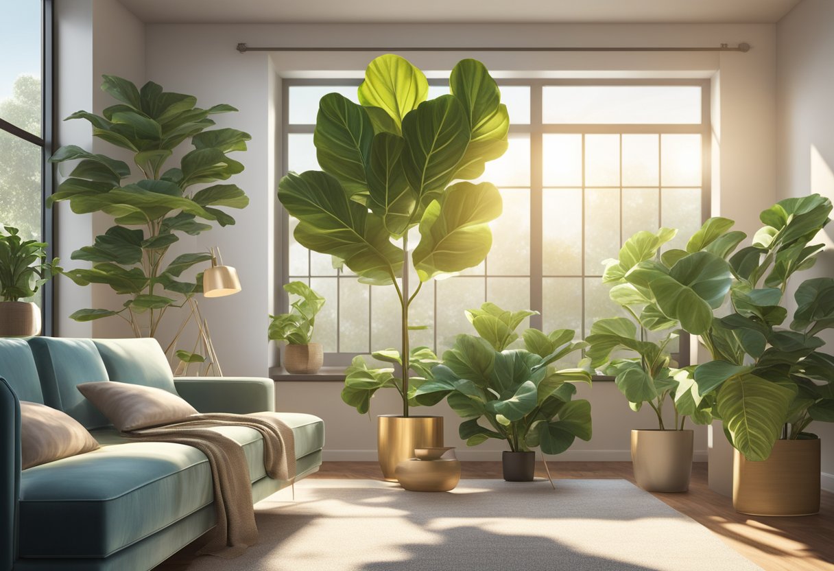 A lush Fiddle Leaf Fig plant stands in a modern living room, surrounded by other indoor plants. Sunlight streams in through the window, casting a warm glow on the greenery