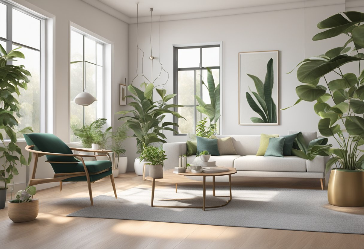 A rubber plant sits in a modern, well-lit living room, surrounded by other indoor plants. The room is stylishly decorated with minimalist furniture and natural light streaming in through large windows