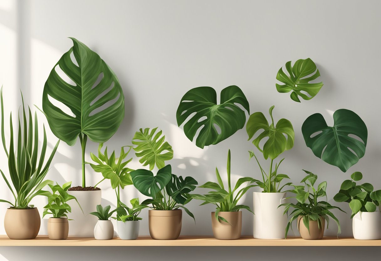 A collection of 20 different types of Philodendron plants arranged on a wooden shelf in a well-lit indoor space. Each plant varies in size, shape, and color, creating a diverse and vibrant display