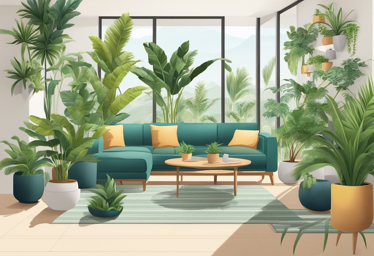 An interior space filled with various indoor plants, with a focus on the Areca Palm as the central feature. The plants are arranged in decorative pots and placed strategically around the room, creating a lush and inviting atmosphere