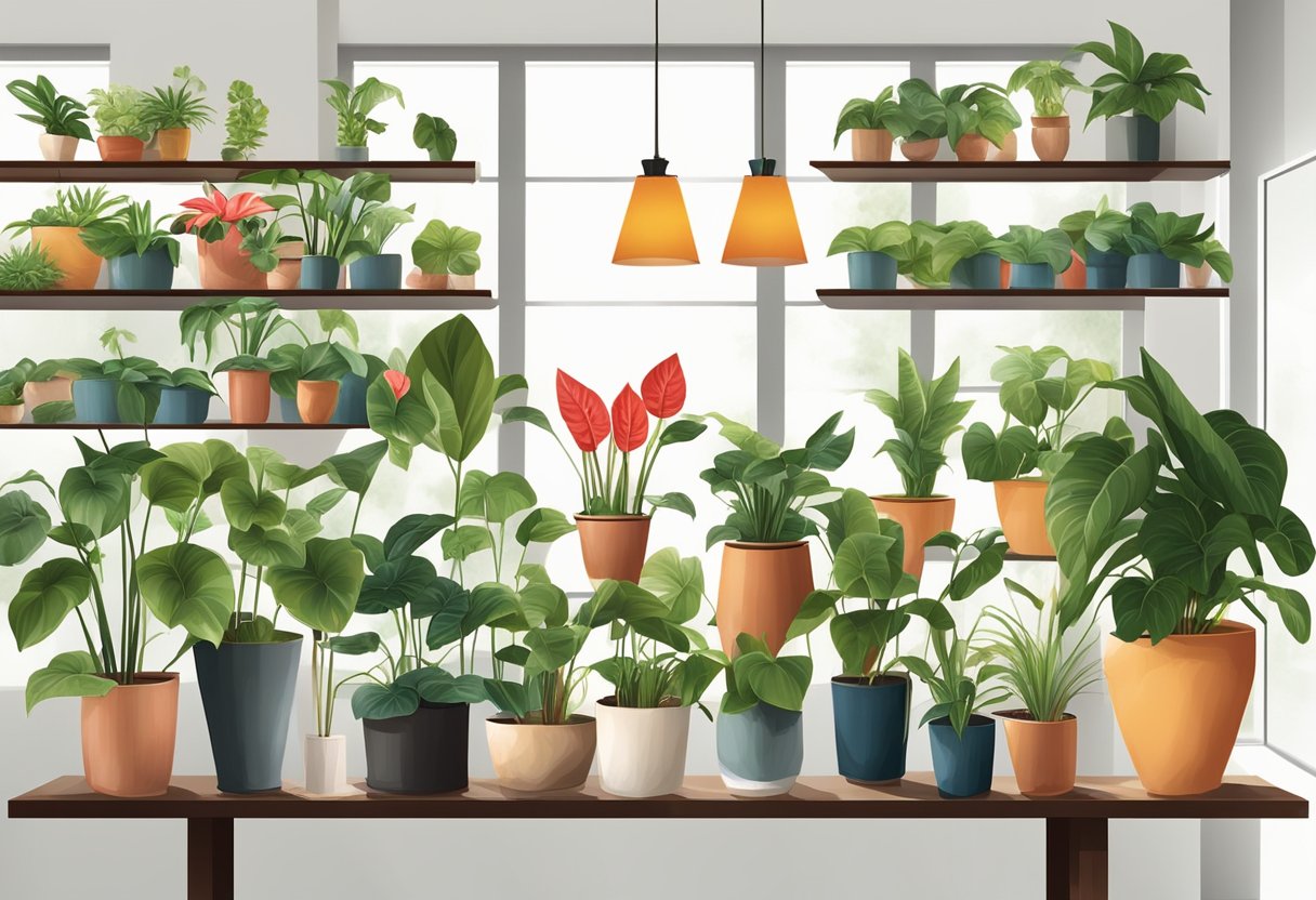 A collection of Anthurium plants arranged in various pots and planters, placed on shelves and tables inside a well-lit and stylish indoor space