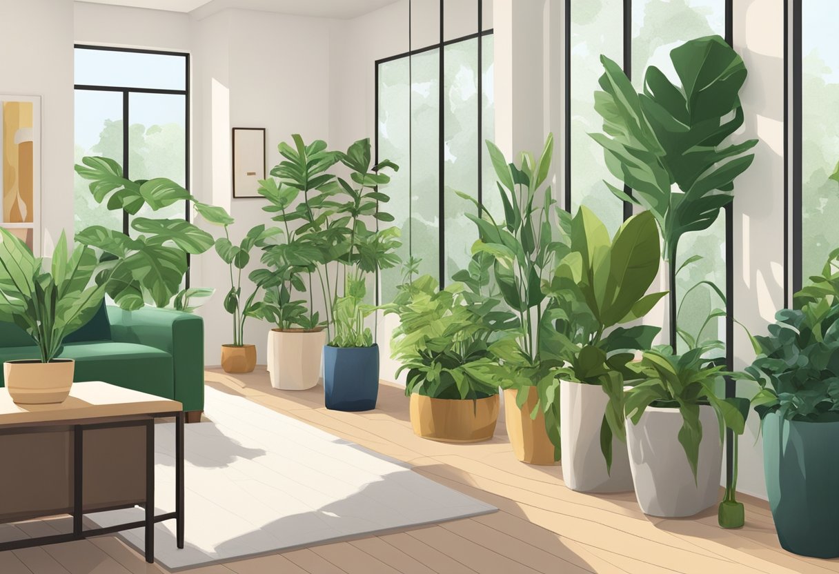 Lush green indoor plants fill a sunlit room, purifying the air and adding a touch of nature to the space. A variety of planters and pots showcase different types of foliage, creating a vibrant and inviting atmosphere