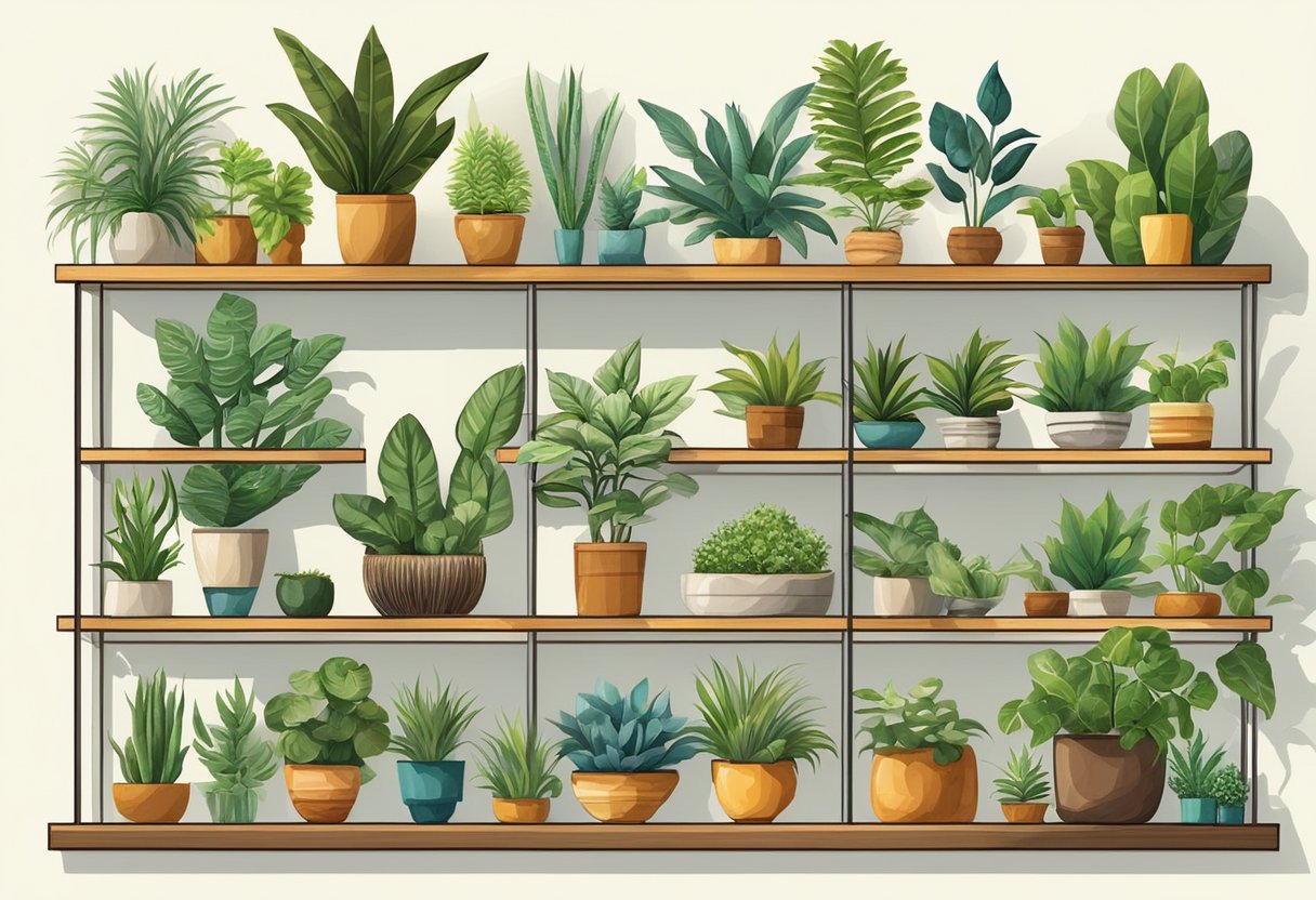 A variety of indoor plants arranged on shelves and tables, with natural light streaming in through the windows. Each plant is unique in size, shape, and color, creating a vibrant and inviting indoor garden