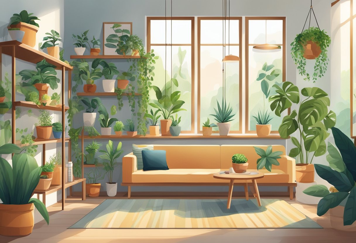 A cozy living room with various indoor plants placed on shelves, hanging from the ceiling, and sitting on window sills. Light filters through the greenery, creating a calming and natural atmosphere