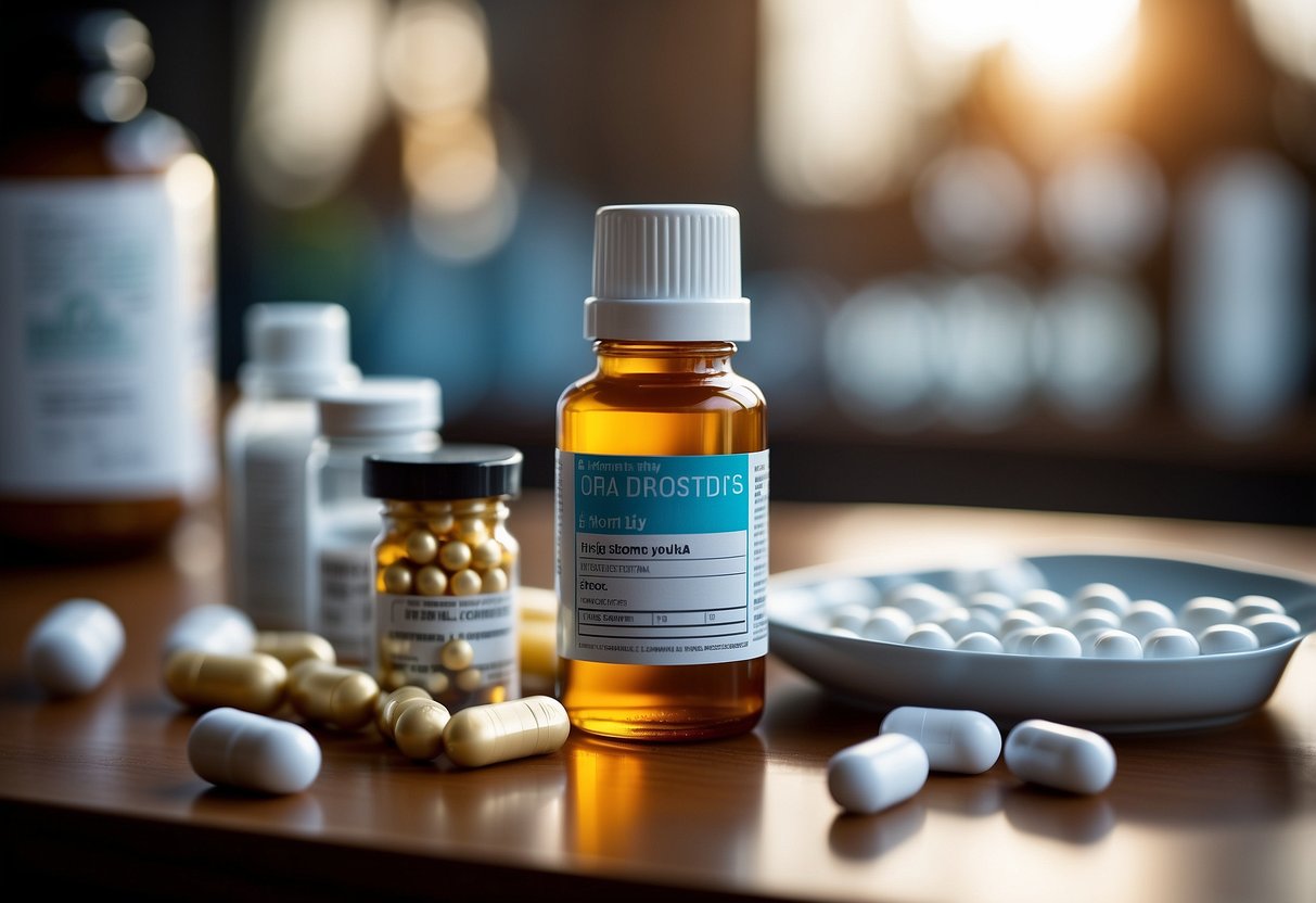 A bottle of oral steroids with a warning label, surrounded by liver-protecting supplements and a healthy diet chart