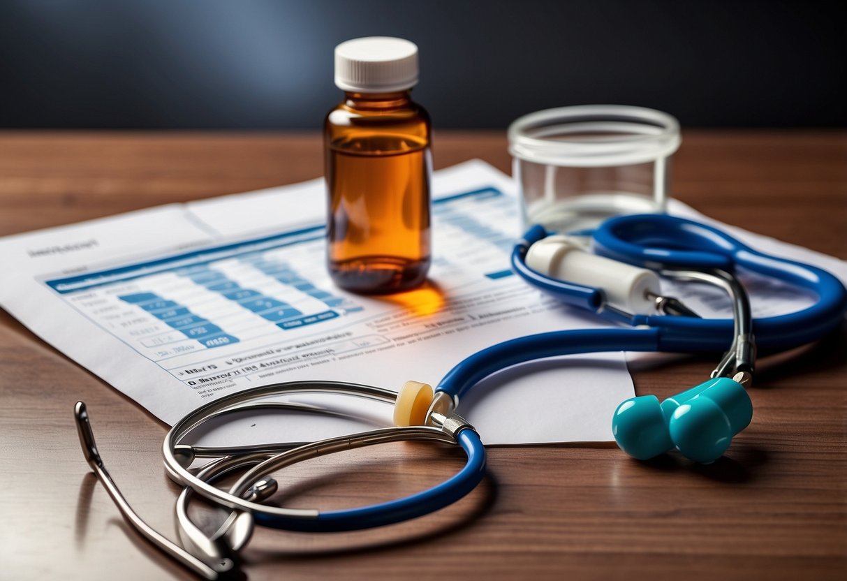 A bottle of oral steroids next to a liver health monitoring chart with a doctor's stethoscope and a liver support supplement nearby