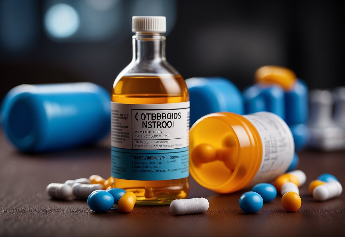 A bottle of oral steroids next to a liver surrounded by protective barriers and warning signs