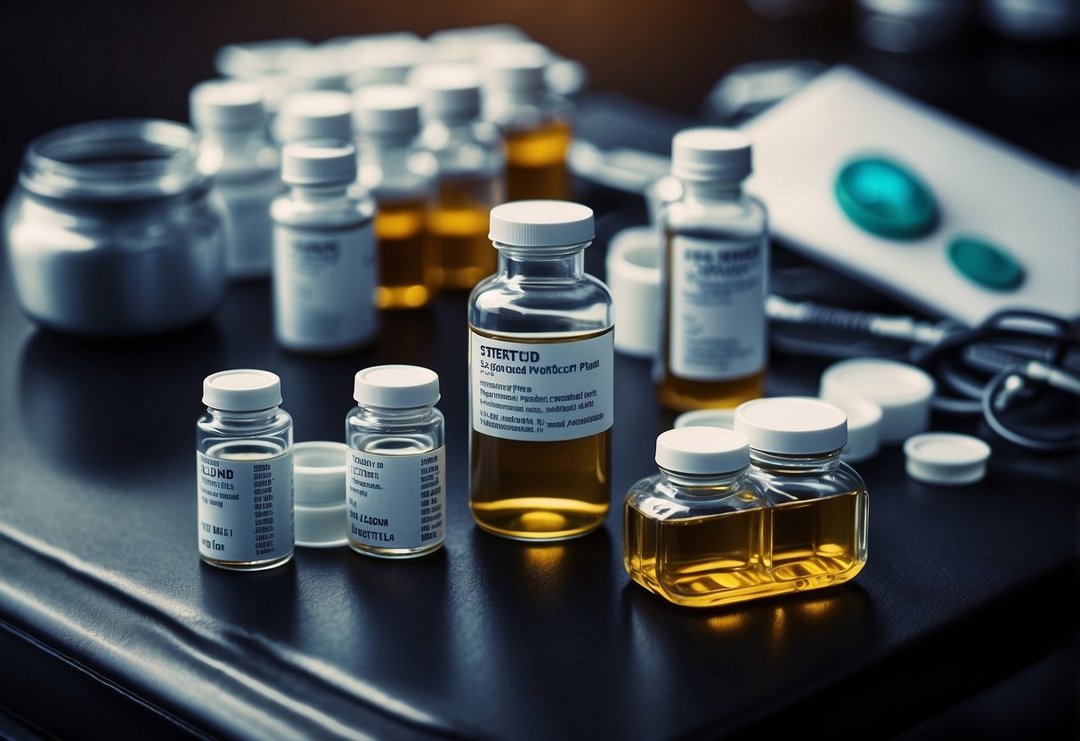 A table with two sets of steroids, one in pill form and the other in vials for injection, surrounded by medical equipment and informational pamphlets