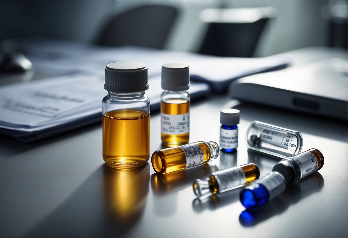 A medical vial and a pill bottle sit on a sterile white table, surrounded by medical equipment and documents. The vial contains a clear liquid, while the pill bottle is filled with small, round pills