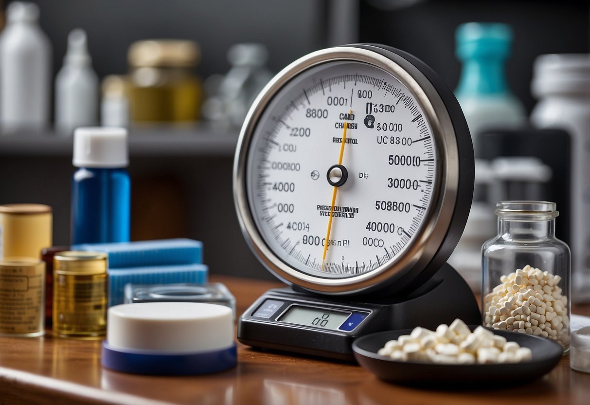 A scale weighing oral and injectable steroids, surrounded by medical supplies and a comparison chart