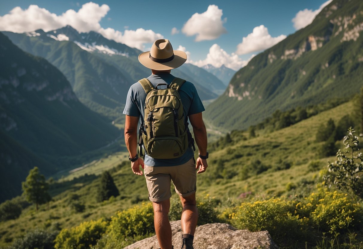 A figure in a lightweight, breathable shirt and shorts, sturdy hiking boots, a wide-brimmed hat, and a backpack, standing against a backdrop of towering mountains and lush greenery