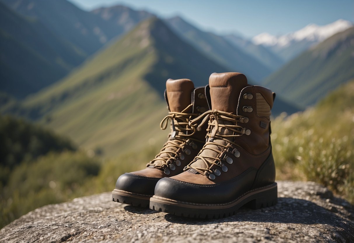 A pair of sturdy hiking boots, a backpack, and a wide-brimmed hat laid out on a rocky trail with mountains in the background