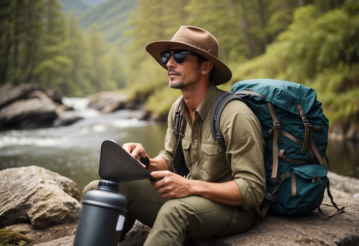 A hiker's outfit: wide-brimmed hat, sunglasses, lightweight moisture-wicking shirt, cargo pants, sturdy hiking boots, a backpack with water bottle, and a walking stick