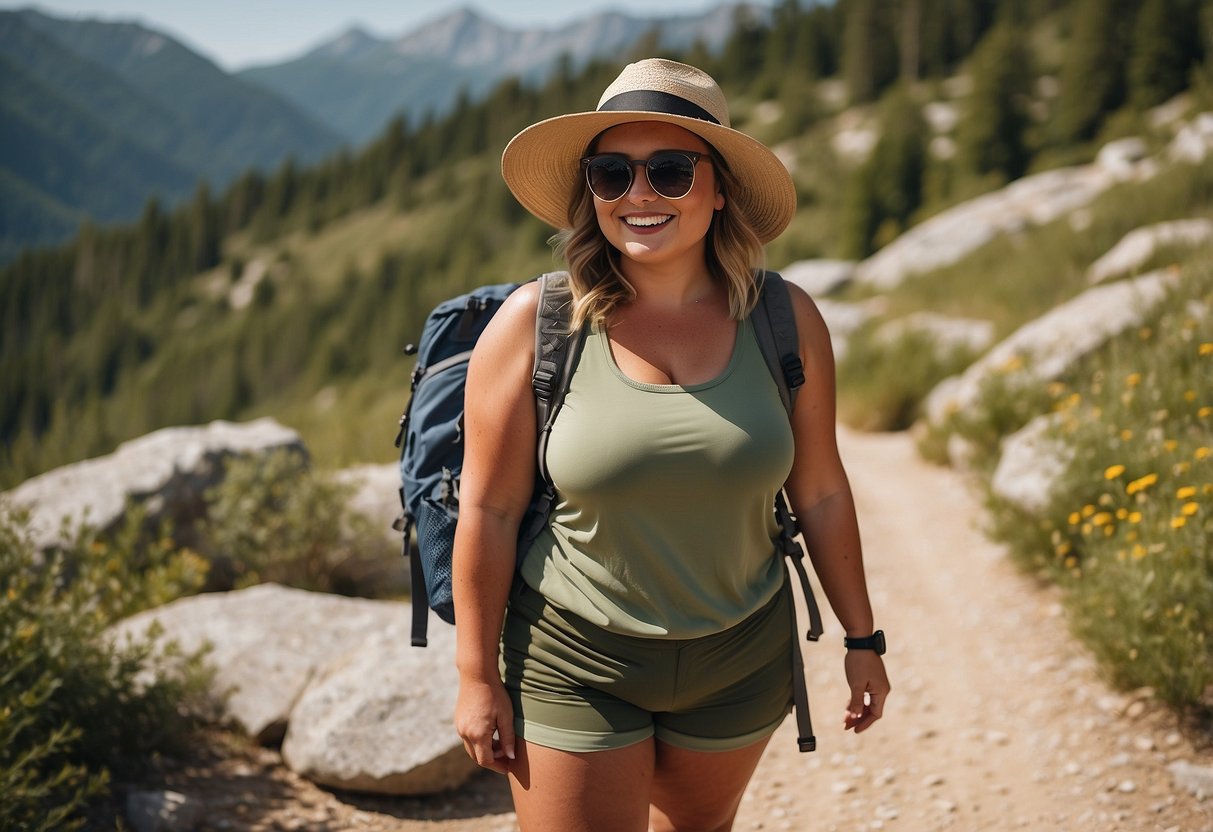 A plus-size hiking outfit for summer: a wide-brimmed hat, sunglasses, a moisture-wicking tank top, high-waisted shorts, comfortable hiking boots, and a lightweight backpack
hiking outfit summer plus size