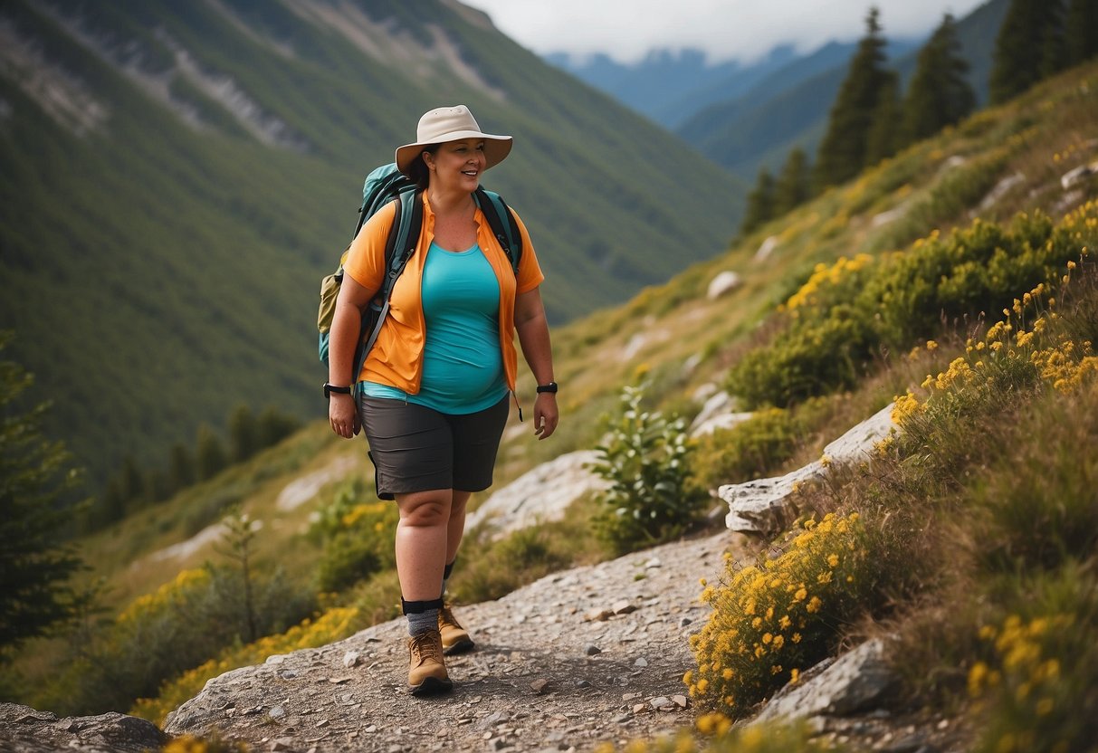 A vibrant, plus-size hiker stands on a rocky trail, wearing a lightweight, breathable summer outfit designed for comfort and mobility. The outfit includes a moisture-wicking top, durable shorts, a wide-brimmed hat, and sturdy hiking boots