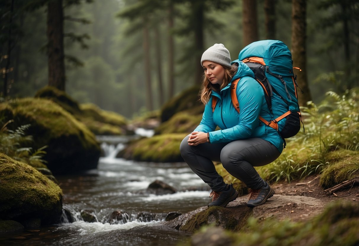 A plus-size hiker selects functional summer outerwear. They choose a lightweight, breathable jacket and moisture-wicking pants for their outdoor adventure