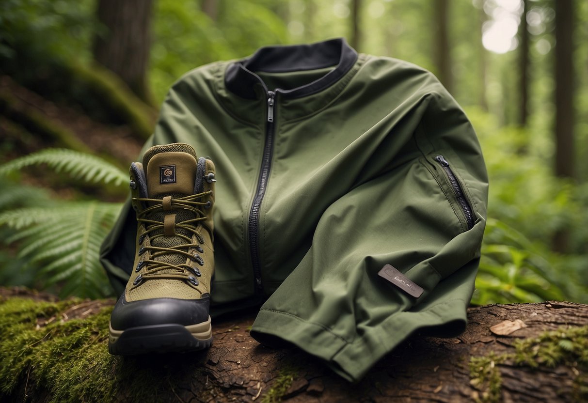 A pair of versatile hiking bottoms, part of a summer plus-size hiking outfit, laid out against a backdrop of lush greenery and a winding trail