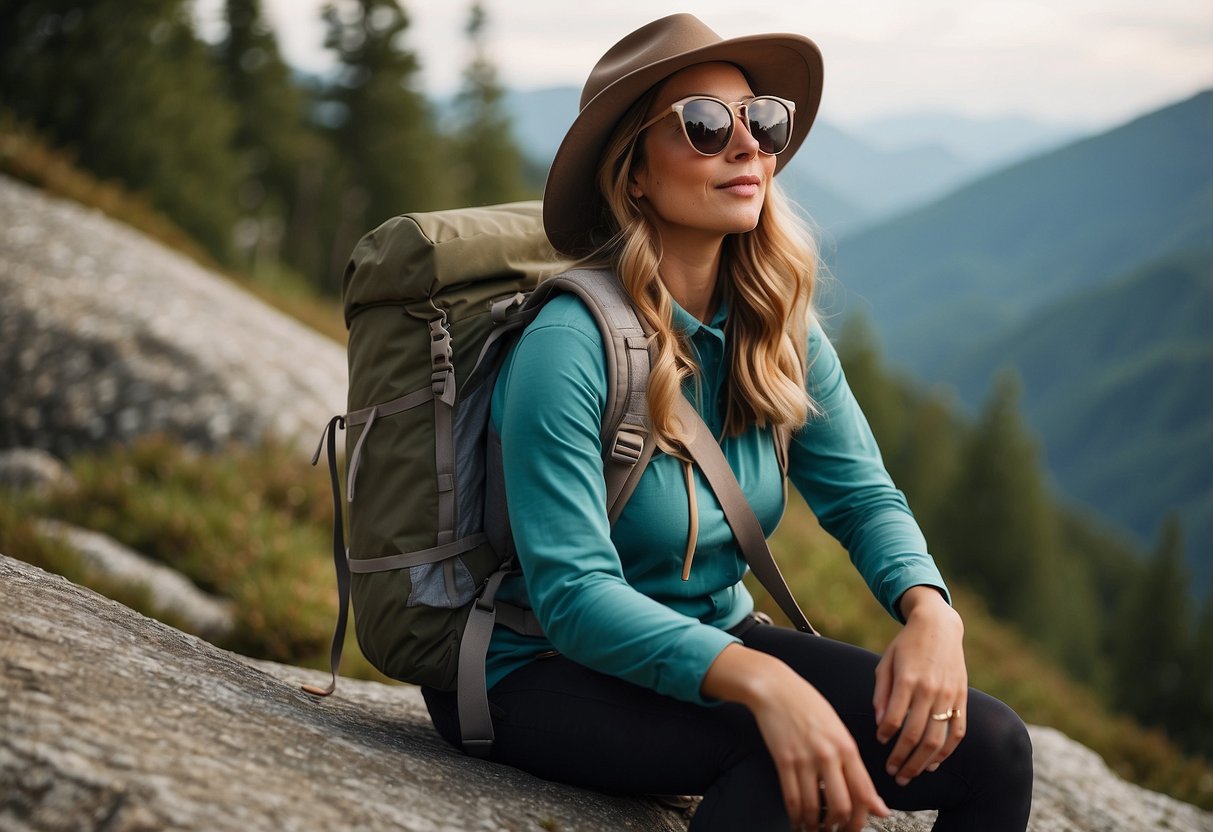 A woman's hiking outfit includes a wide-brimmed hat, sunglasses, a comfortable backpack, and sturdy hiking boots, all in stylish yet practical designs suitable for summer and plus-size