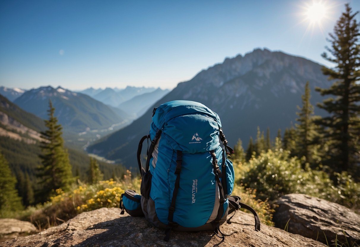 An outdoor scene with mountains, trees, and a clear blue sky. A display of hiking gear in plus sizes from top brands and retailers