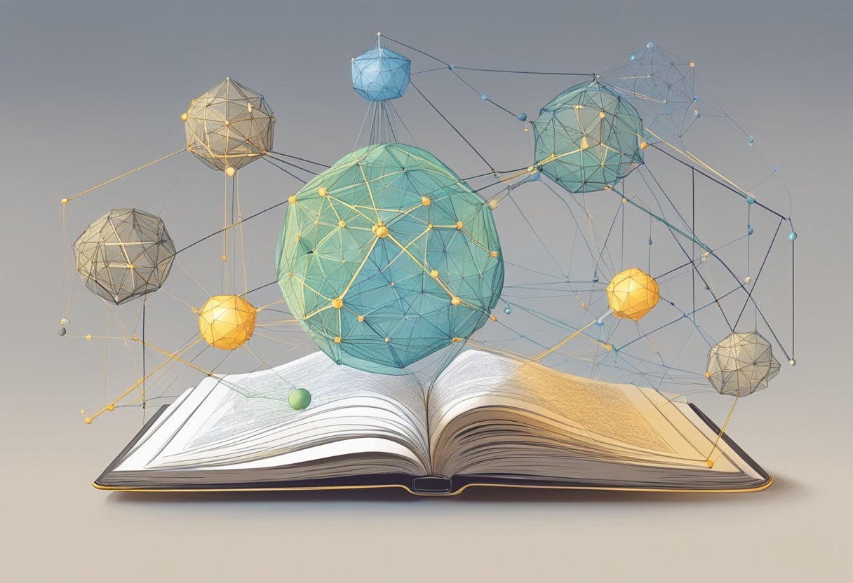 The Cardano Ecosystem: MELD, BOOK, IAGON interconnected with lines and nodes, symbolizing collaboration and connectivity