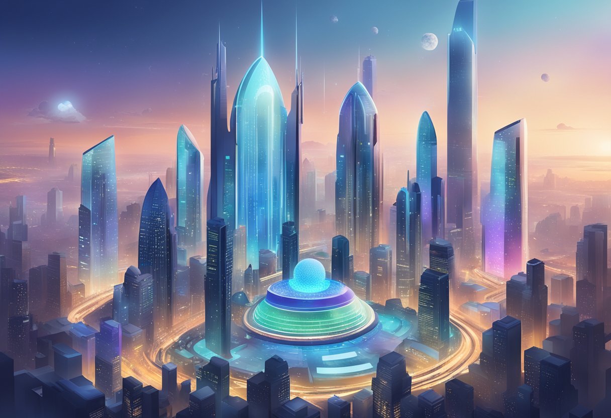 A futuristic cityscape with towering buildings, sleek and modern design, and digital displays showcasing MELD Financial Services, Cardano Ecosystem, MELD, BOOK, and IAGON logos