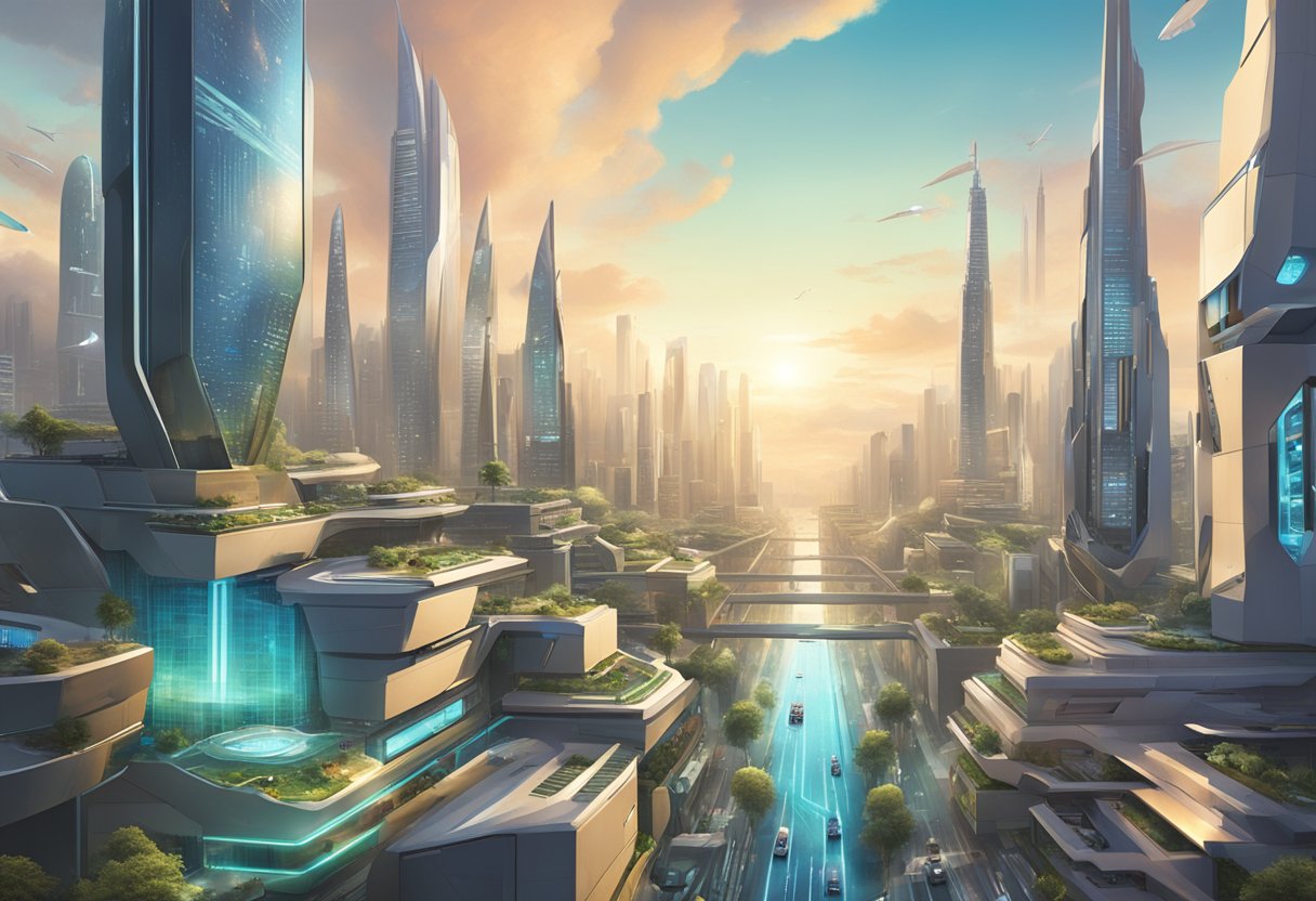 A futuristic cityscape with MELD, BOOK, and IAGON logos prominently displayed on towering buildings, surrounded by advanced technology and bustling activity