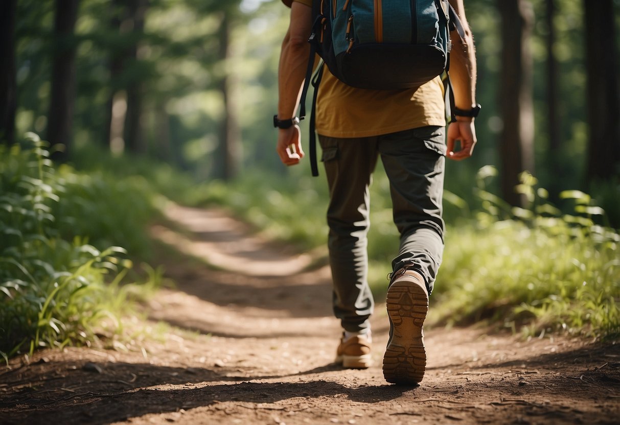 A person in a casual hiking outfit walking through a sunny summer forest with a backpack and comfortable shoes