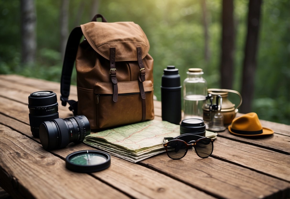 A backpack, water bottle, hat, sunglasses, and hiking boots laid out on a rustic wooden table with a trail map and compass