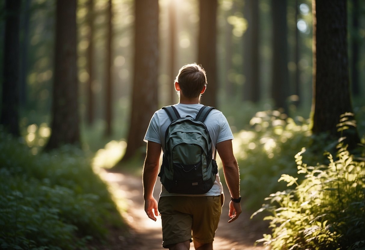 A hiker in a casual summer outfit adjusts layers as the weather changes on a forest trail. Sunlight filters through the trees, casting dappled shadows on the ground