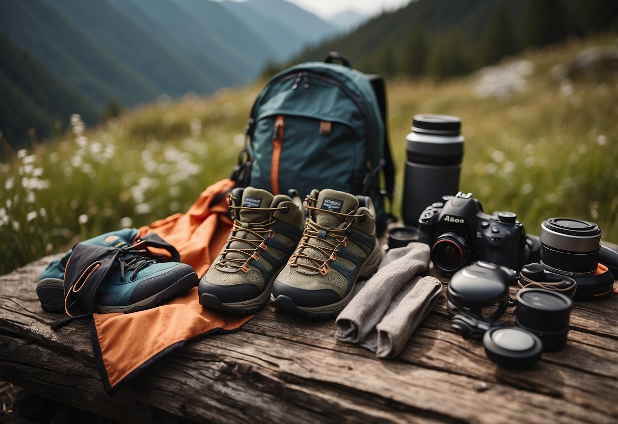 A table with various lightweight and breathable fabrics, hiking shoes, and accessories laid out for a summer hiking outfit