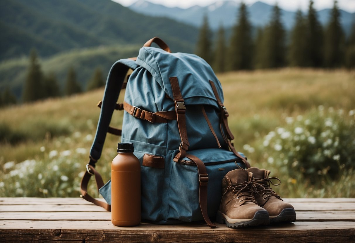 A backpack and hat lay on a rustic wooden bench next to a pair of hiking boots, with a trail map and water bottle nearby casual hiking outfit summer