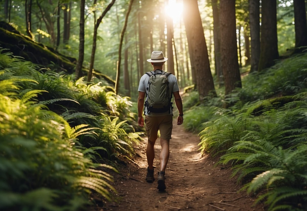 A sunlit trail winds through a lush forest. A hiker in a light, breathable shirt and shorts walks comfortably in sturdy hiking boots. A backpack and hat complete the casual summer outfit