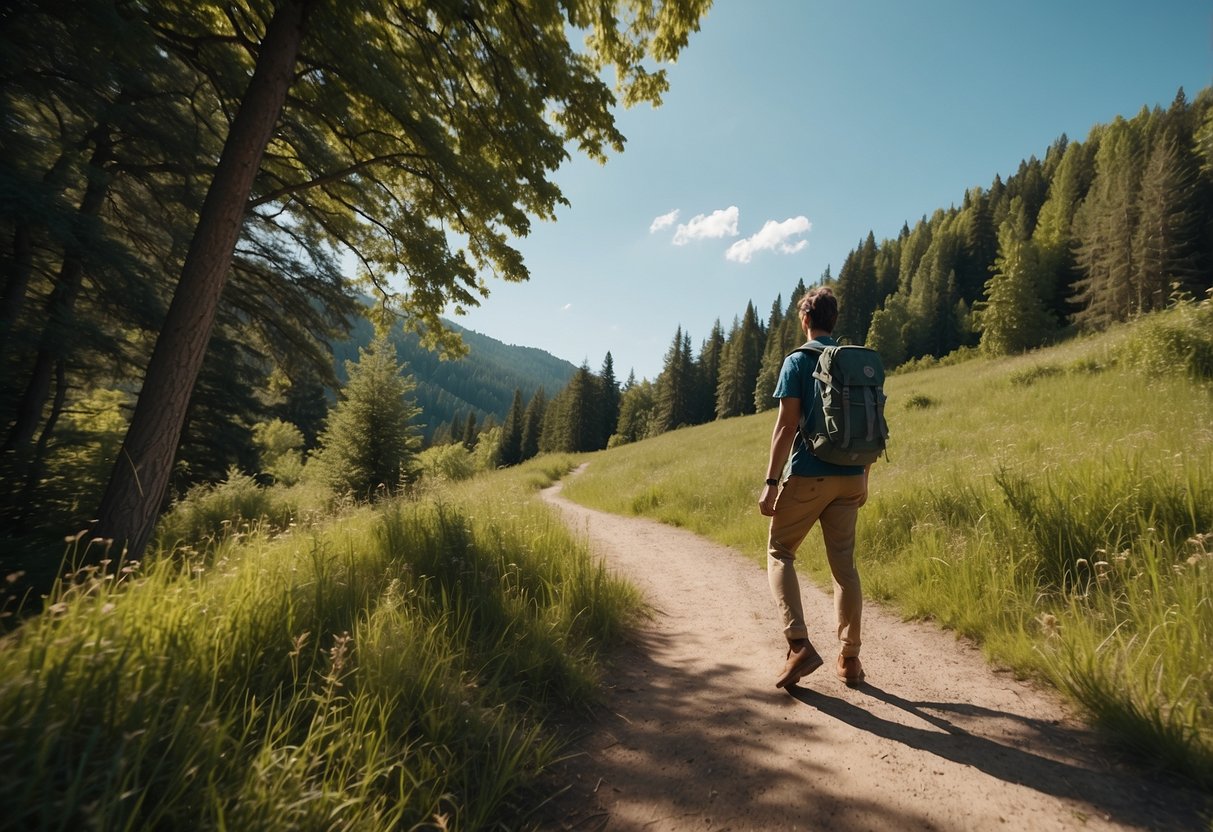 A person in a casual hiking outfit standing on a trail in a sunny summer day, surrounded by green trees and a clear blue sky