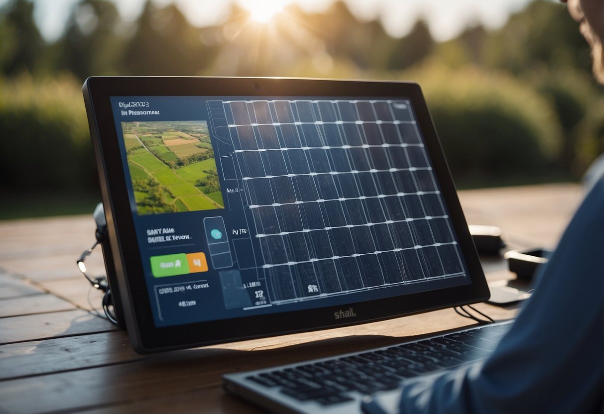 A solar panel installation representative uses AI to qualify leads, with a computer screen displaying customer information and a phone for making calls