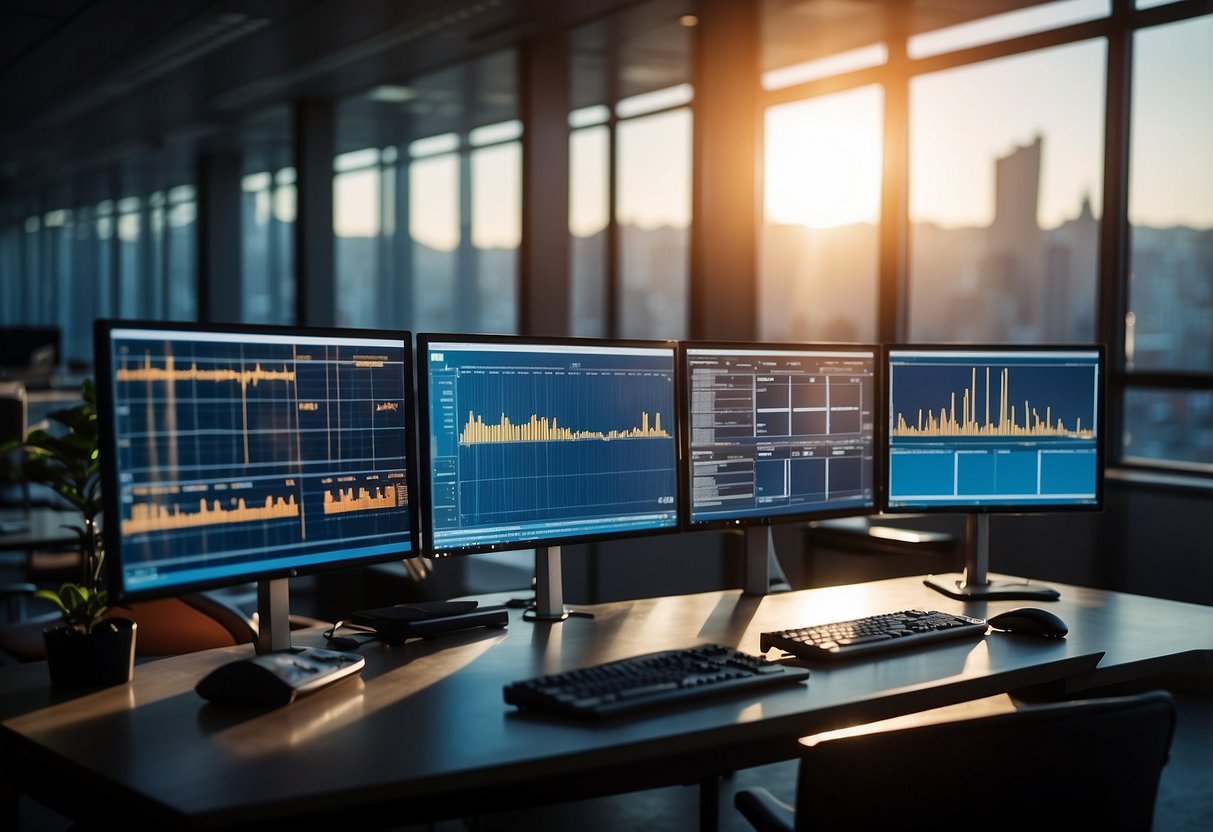 An office setting with computer screens displaying solar panel data, while AI voice technology processes lead qualification inquiries