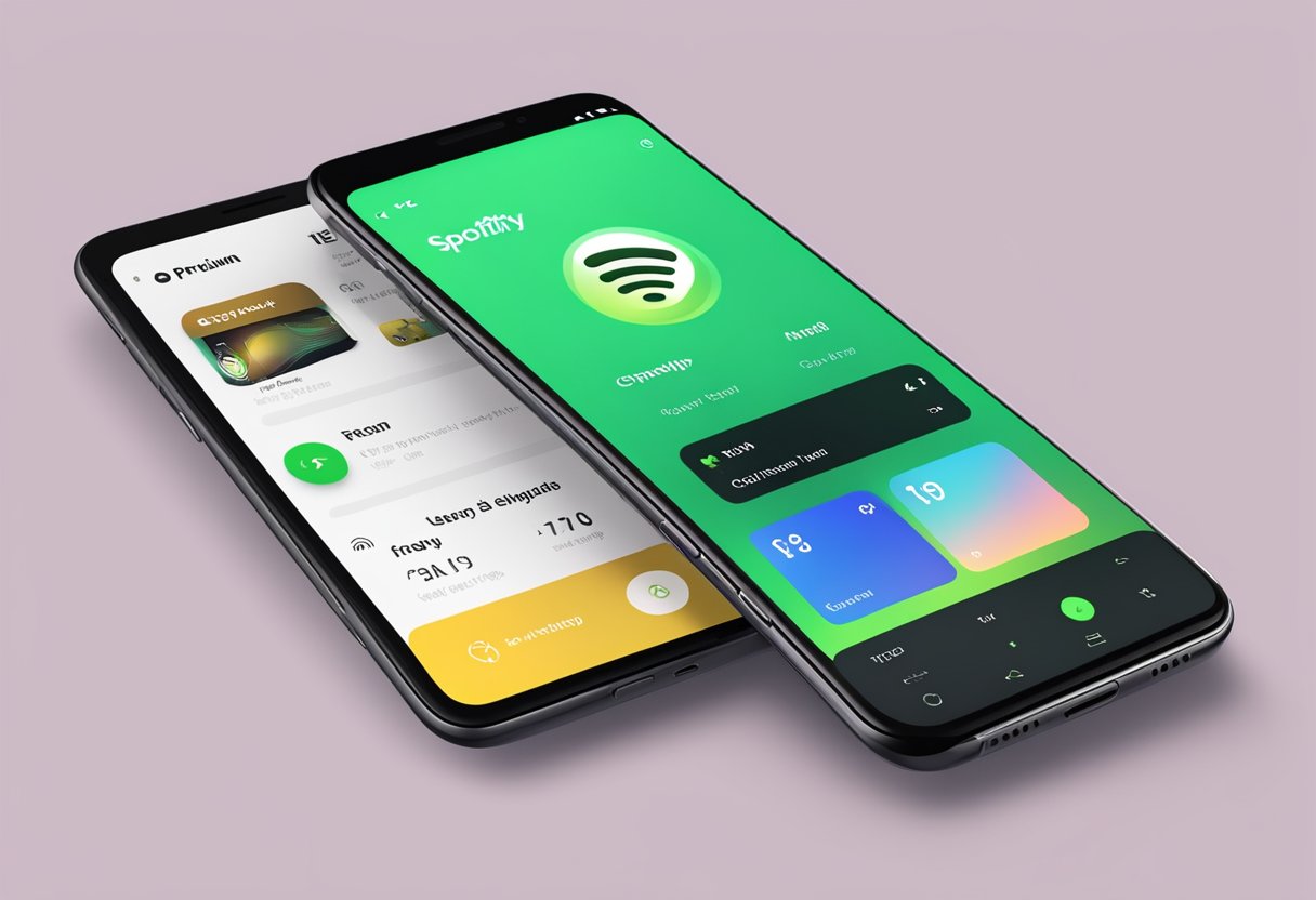 A smartphone with the Spotify app open, displaying the "Premium" banner and playing music with the "Free" label visible