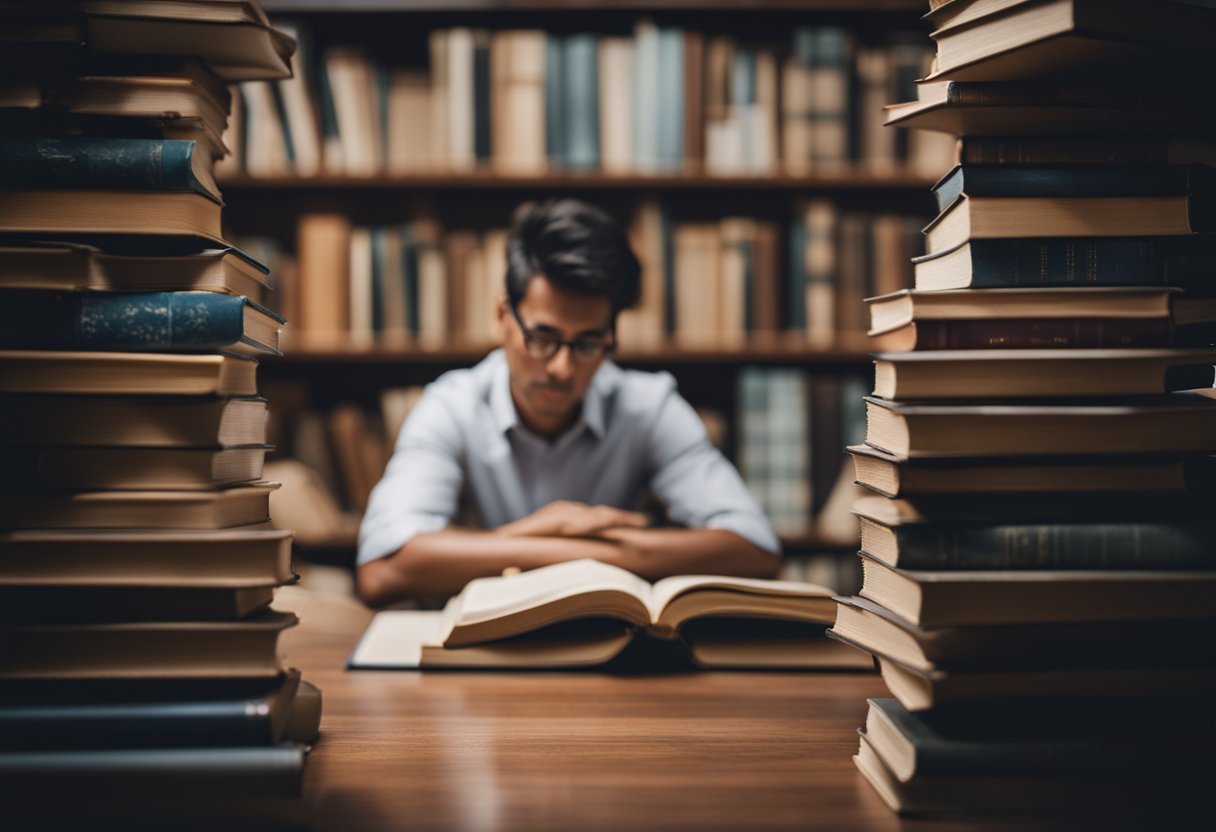 A person surrounded by books, absorbing knowledge with focused attention