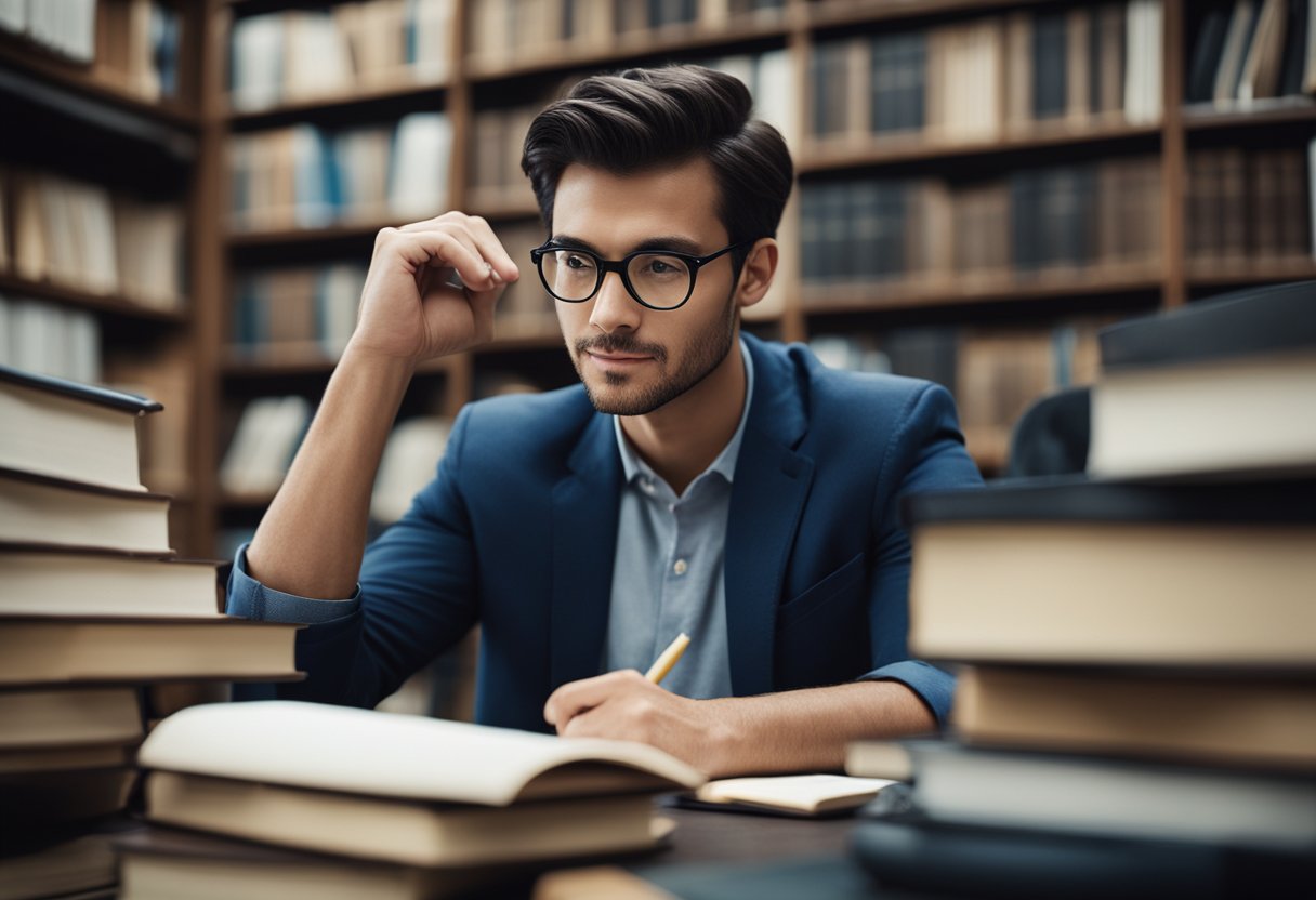 A person sitting at a desk, surrounded by piles of books, absorbed in reading and taking notes, with a focused and determined expression