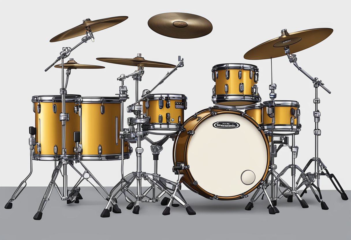A drum set with both acoustic and digital components, showing the evolution of drum technology. The acoustic drums have traditional wooden shells and metal hardware, while the digital drums feature electronic pads and a control module