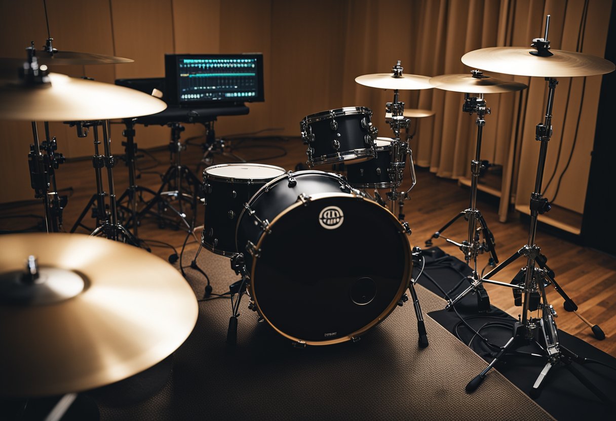 A drum set sits in a well-lit room, with electronic pads and cymbals ready for action. Cables connect to a control module, while headphones and a drum throne complete the setup