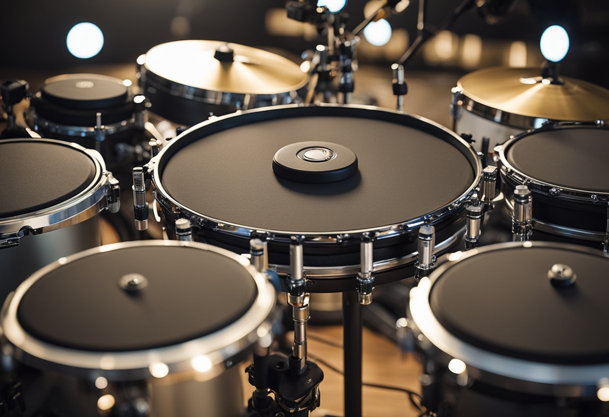 A group of electronic drum sets arranged in a circle, with wires connecting them to a central control panel. The room is filled with the sound of drum beats as beginners experiment with different rhythms and patterns
