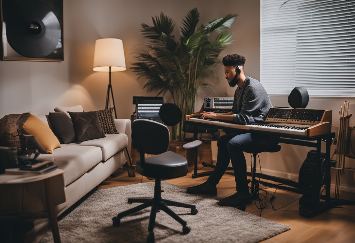 A cozy living room with electronic drums set up in the corner, surrounded by music books and headphones. A person's feet tapping to the beat as they sit in a nearby chair, looking eager to start playing