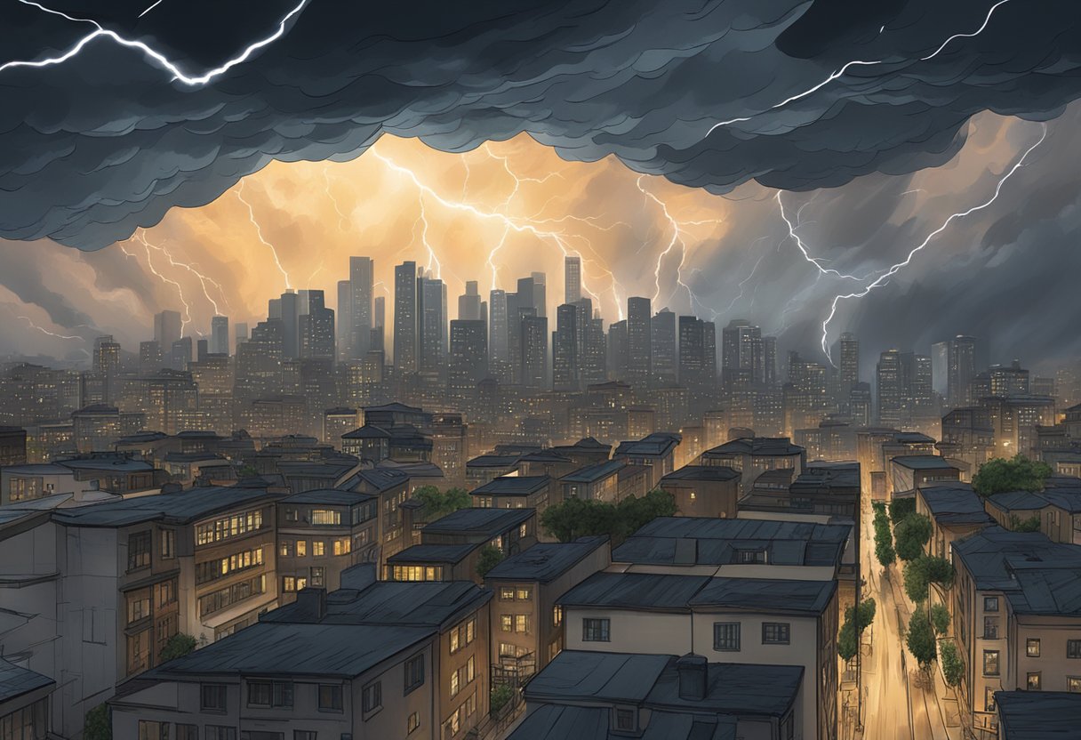 A stormy sky looms over a city skyline, with dark clouds casting shadows on buildings. Lightning strikes in the distance, symbolizing the looming threat of credit default risk for lenders