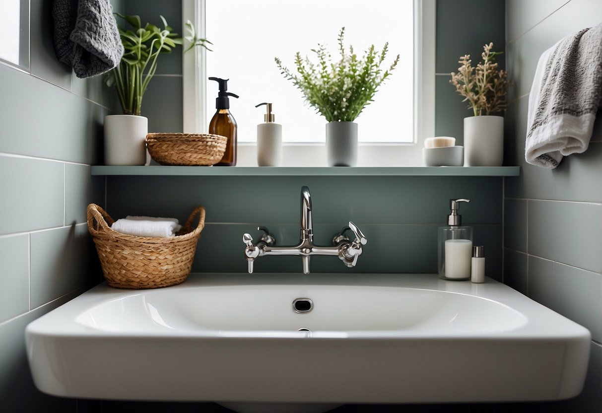 A small bathroom with clever storage solutions: wall-mounted shelves, under-sink organizers, and hanging baskets. Towels neatly folded and toiletries neatly arranged