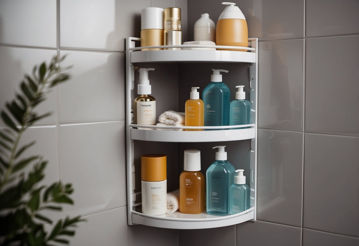 A corner shelving unit in a small bathroom, filled with neatly organized storage containers and toiletries. The shelves are mounted securely to the wall, maximizing space