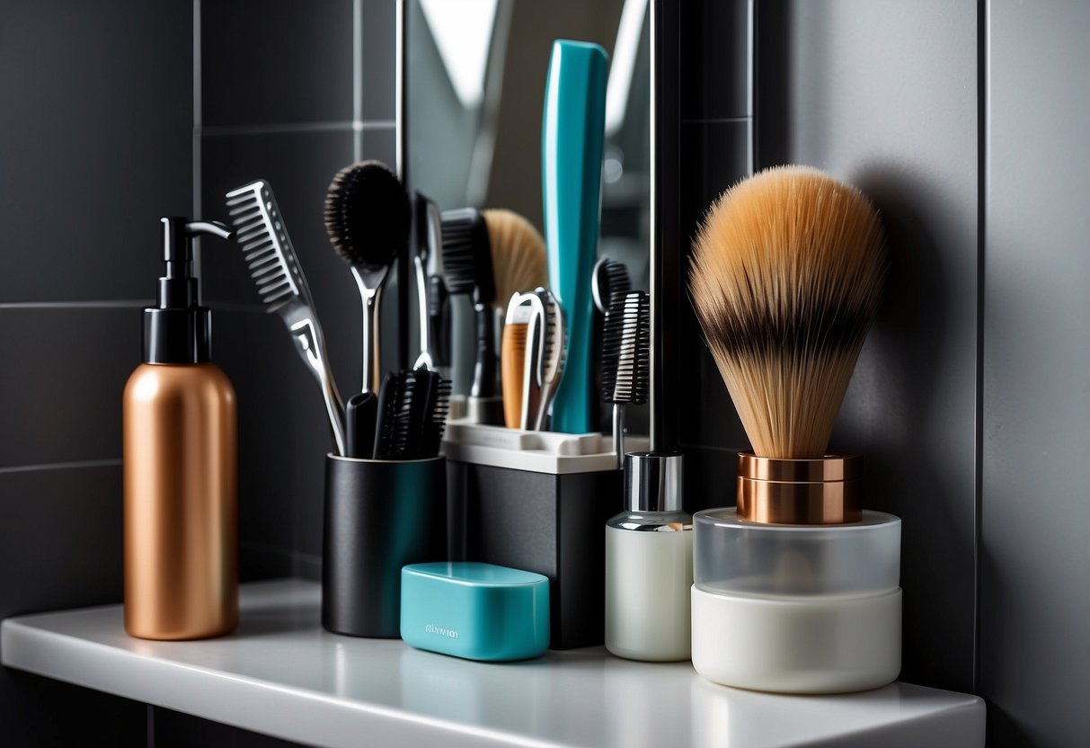 A magnetic strip holds grooming tools in a small bathroom. Various items are neatly organized for efficient storage