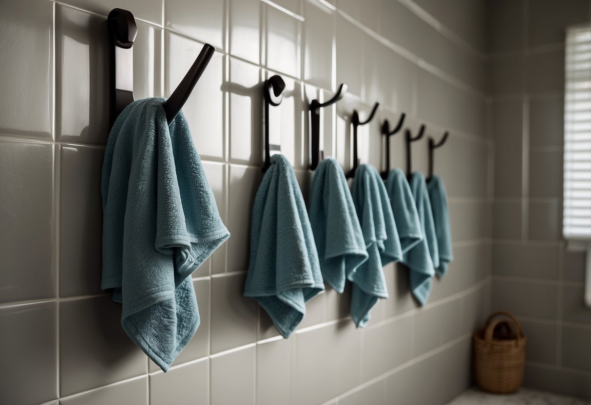 Towel hooks hang on a tiled wall, neatly organizing towels. Nearby shelves hold toiletries, maximizing small bathroom storage